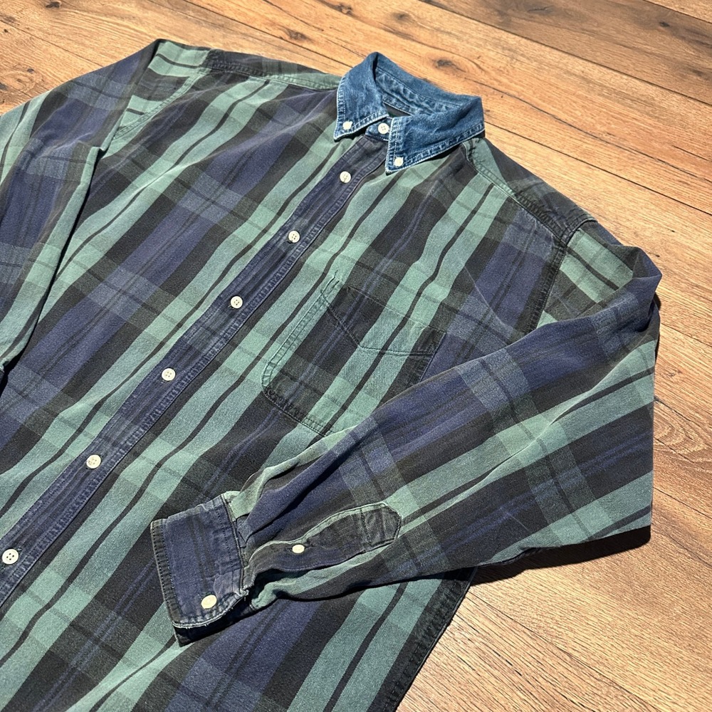 Vintage Montana Blue Green Plaid Denim Collar Button Down‎ Shirt Mens Medium